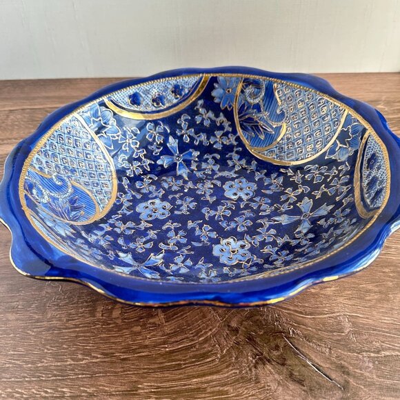 Vintage Cobalt Blue Porcelain Bowl, Floral Gold Gilt Imari Style, Made in China - Picture 8 of 11